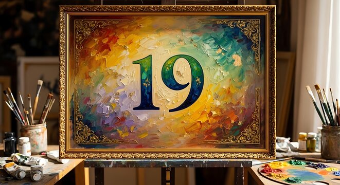 A large number 19 painting in gold frame illustration
