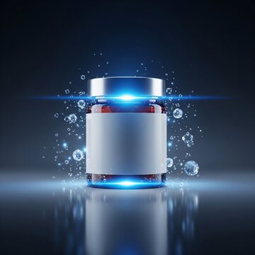 Amber glass vial with blank white label surrounded by glowing blue light and floating water droplets