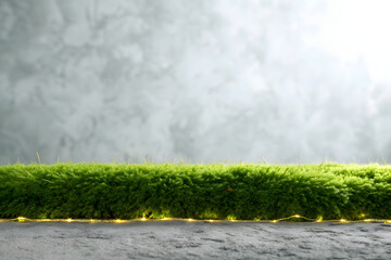 A lush green landscape features a path