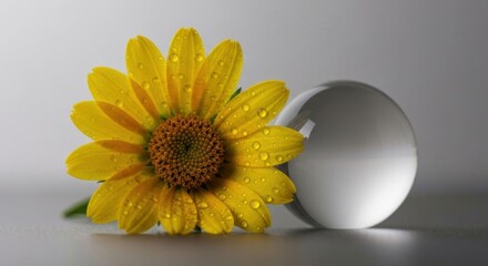 Yellow flower with dew, beside glass orb