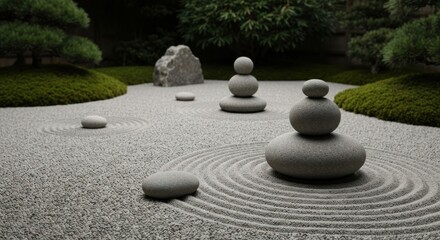 Zen garden with stones, sand, trees, meditation