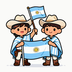 Charming cartoon illustration of two children in traditional Argentine gaucho outfits, joyfully holding and waving the national flags with the Sun of May emblem.