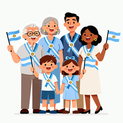 Obraz premium A happy multi-generational family celebrating with Argentinian flags and sashes, showing national pride and unity in a cheerful illustration.
