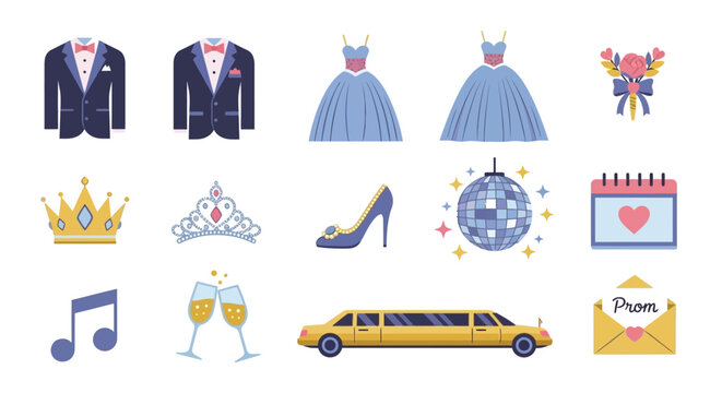 A collection of elegant icons representing a formal prom night, including attire, accessories, transportation, and celebration elements.