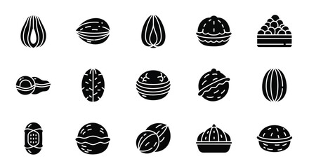 A collection of various nut icons, showcasing different shapes and textures of nuts in a stylized, graphic format. © GJ