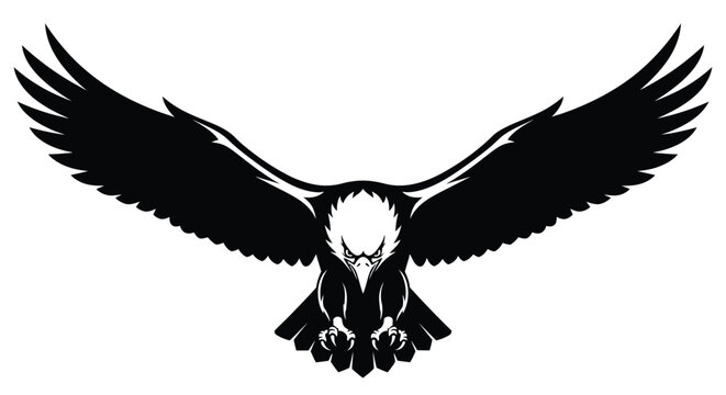 Fierce black and white bald eagle mascot logo diving with outstretched wings