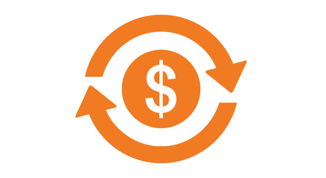 Orange circular arrows surrounding a dollar sign represent continuous financial flow and currency exchange concepts