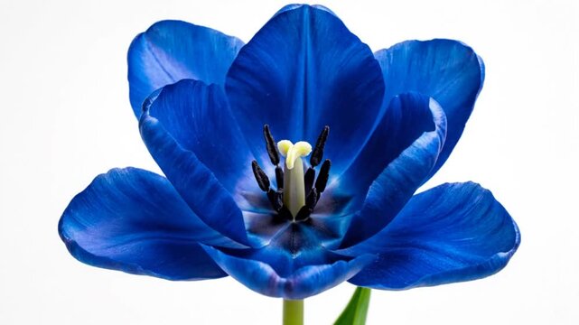 Time-lapse of a vibrant blue tulip blooming in front of a white background showcasing the beauty of nature