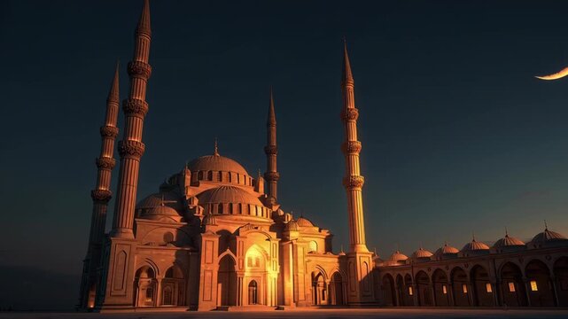 Majestic Mosque at Sunset with Crescent Moon for Ramadhan Ramadan and Eid al-Fitr Celebrations, Copy Space, Architectural and Religious Scene