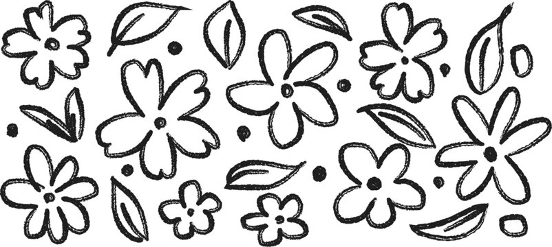 Kids crayon hand drawn flowers and plants  art . Kid's style crayon doodle drawing .vector illustration