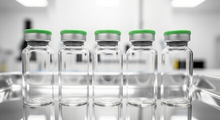 Five empty glass medical vials with green rubber stoppers in a sterile laboratory tray