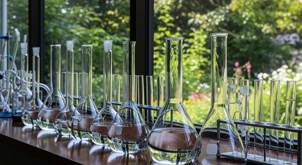 Laboratory glassware filled with clear liquid sits on a wooden bench with a lush garden backdrop