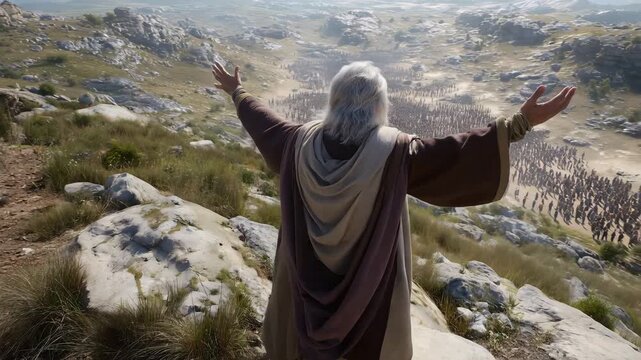 Balaam Stands on the Cliff of a High Hill, Lifts His Hands to Heaven, and Blesses the Israelites