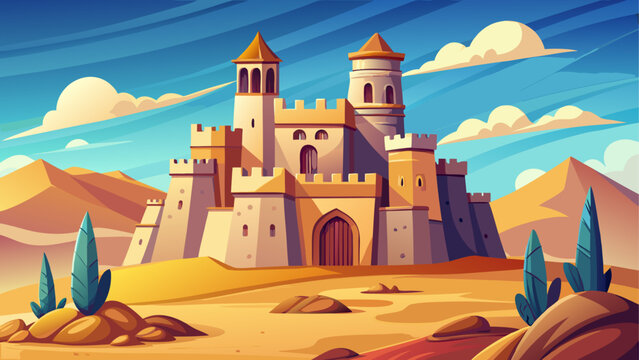 Simple cartoon vector of an old desert castle with tall towers surrounded by smooth sand and flat minimal design