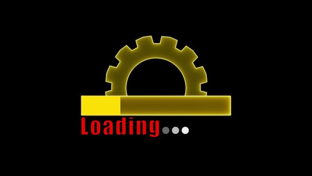 A loading animation with a gear and progress bar on a black background