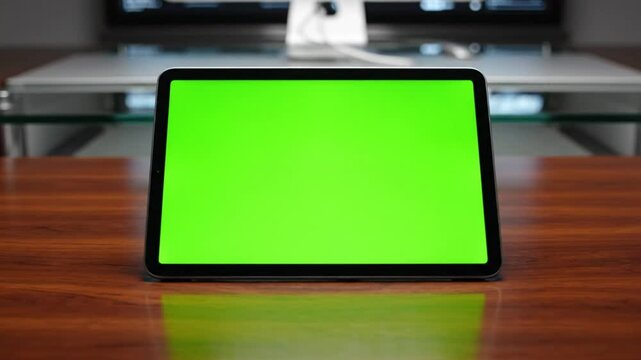 Tablet with Green Screen Display on Wooden Desk Shows Sound Waveform Reacting to Touch, Chroma Key