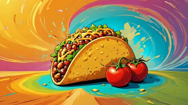 taco illustration with beans and tomatoes on rainbow swirl background