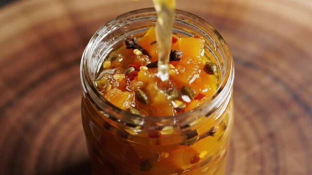 Close up pouring liquid over a jar of homemade peach chutney recipe with capers and cloves