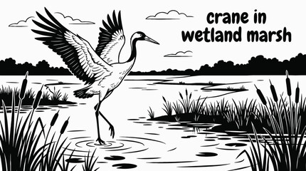 Fototapeta premium crane bird wildlife nature landscape sky wings habitat wetland marsh outdoor environment scenic migration black and white vector illustration
