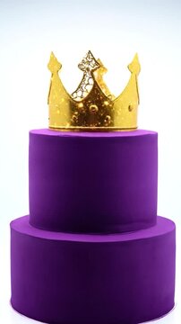 A majestic two-tiered purple cake is elegantly topped with a sparkling golden