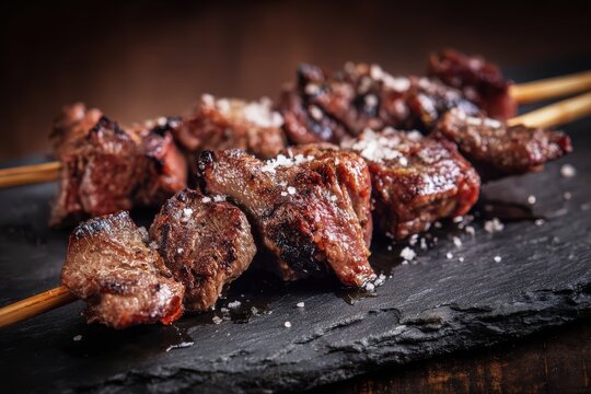 Portuguese espetadas with coarse salt on slate serving board, emphasizing traditional grilled meat