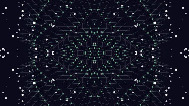 A mesmerizing digital artwork featuring a dark background with a large, intricately designed circle composed of tiny, glowing green and white dots arranged in a seemingly random pattern