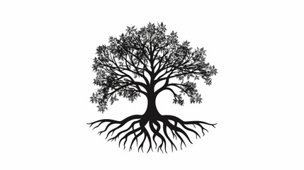 Obraz premium Silhouette of a detailed tree with roots and foliage on white background
