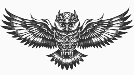 Obraz premium Detailed black and white illustration of a soaring owl with extended wings