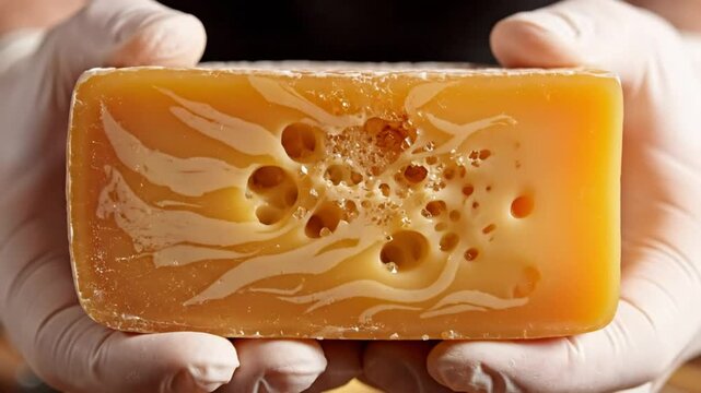 Gloved hands hold a beautiful wedge of cheese with holes and swirling white patterns, close-up shot