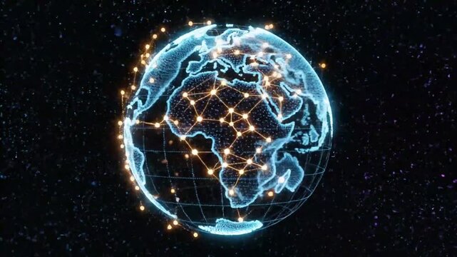 Digital fingerprint morphs into a glowing globe with a network of connected nodes showing global connectivity