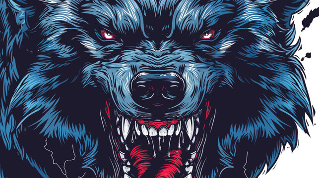 Intense snarling wolf illustration with sharp teeth and striking blue fur details