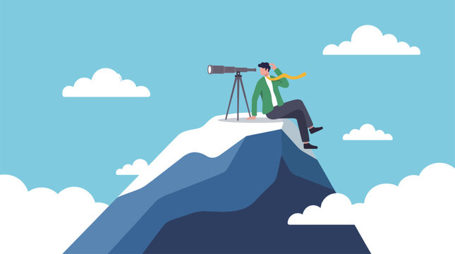 A man with a telescope is viewing a distant landscape from a mountain peak, representing exploration, adventure, and the pursuit of knowledge through observation and discovery.