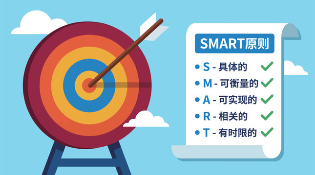 A colorful target accompanied by the SMART principles for goal setting illustrates the importance of specific, measurable, achievable, relevant, and time-bound objectives for success.