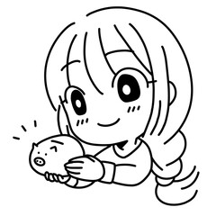 貯金箱を持つ女性の線画イラスト
