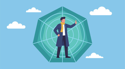 A stylized illustration of a man in a coat stands confidently within a geometric web, representing personal strength and protection amidst a light, airy background. © Emily