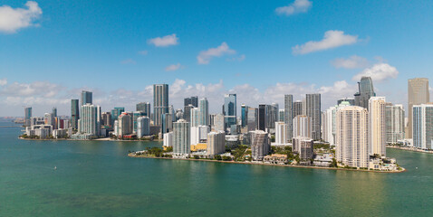 Panorama of Miami skyline. Panorama cityscape of Brickell Miami. Scenic drone view of Florida coastline. Miami skyline with skyscrapers. Aerial view of Miami in summer.
