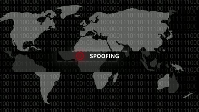Gray map overlay on binary code Generate title without using the word "Title:" before it. background highlighting spoofing cyber attack location