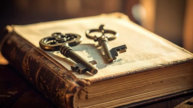 Vintage Skeleton Keys Resting on an Ancient Leather Bound Book