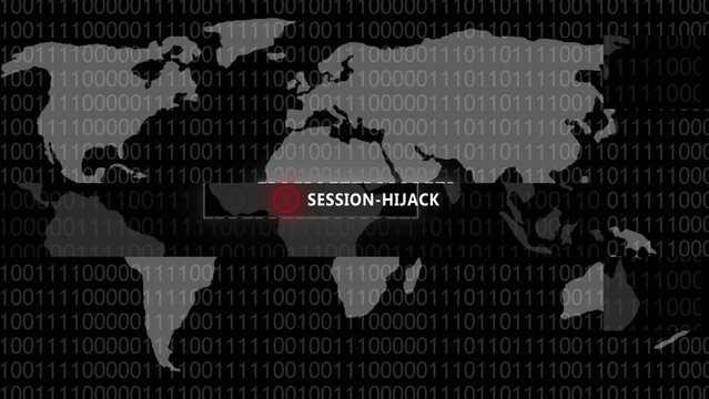 Gray map overlay with digital binary code Generate title without using the word "Title:" before it. background highlighting session hijack cybersecurity threat