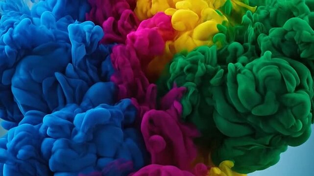Vibrant colorful ink plumes spread and mix beautifully in clear water