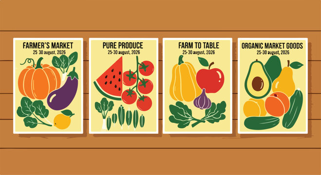 Set of Four Farmers Market Product Posters Illustration