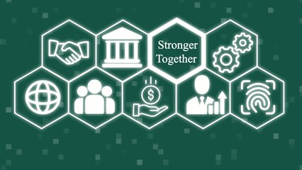 Naklejka premium Green background with white and stronger together text in hexagons handshake building
