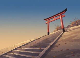 Stone Steps Leading to Torii Gate Under Clear Sky &ndash; 青空の下 鳥居へ続く石段の風景