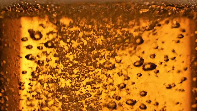 Warm amber liquid dances within the glass, creating mesmerizing bubbles that rise and pop energetically.