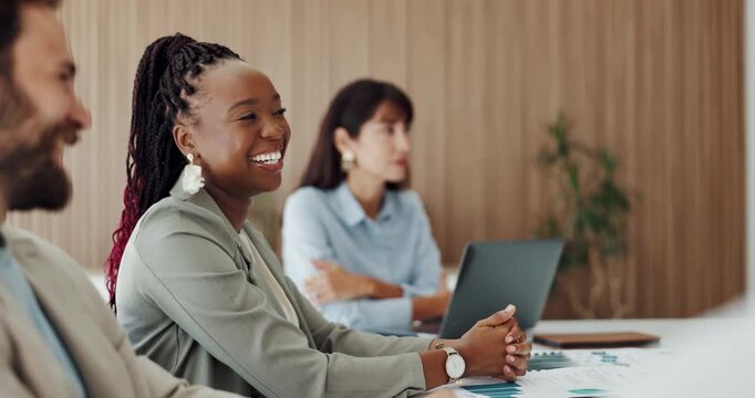 Audience, laughing and workshop with business woman in office for training or upskill development. Funny, listening and presentation with employee people in corporate workplace for company growth