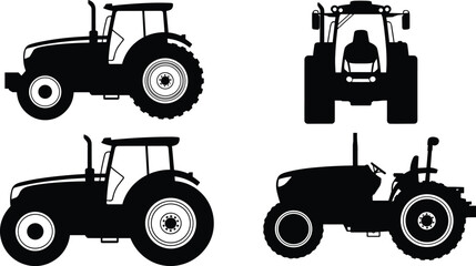 Farm tractor silhouette vector collection with agricultural vehicles in side and front views, black heavy duty machinery icons isolated on white background © MdSakila