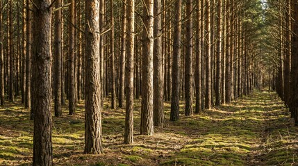 Fototapeta premium Even row of trees in a pine forest with sunlight illuminating the mossy ground. Concept for logging, sustainable forestry, and natural resource.