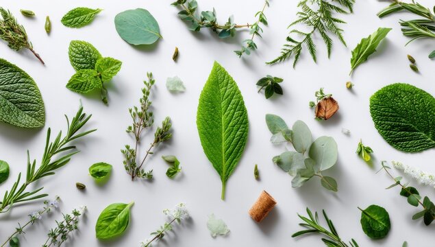 Assortment of fresh aromatic green herbs and botanical leaves, isolated on white background