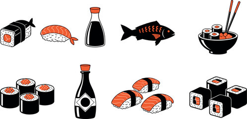 Japanese Cuisine Icon Set with Salmon Sushi Rolls Nigiri Soy Sauce and Fish Silhouette © Firoz