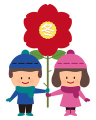 椿の花を持つ冬服を着た子供のイラスト